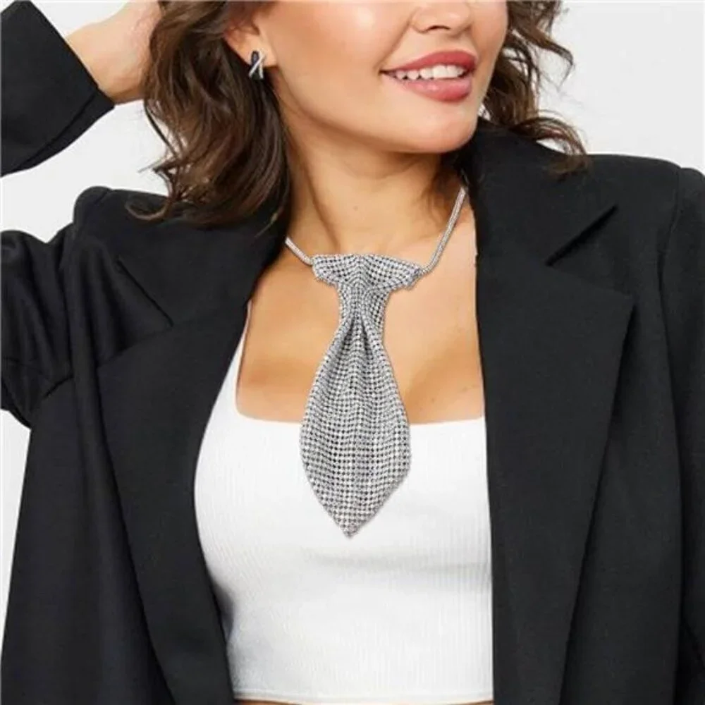Women’s Luxury Crystal Rhinestone Necktie Silver Sparkling Fashion Statement Tie